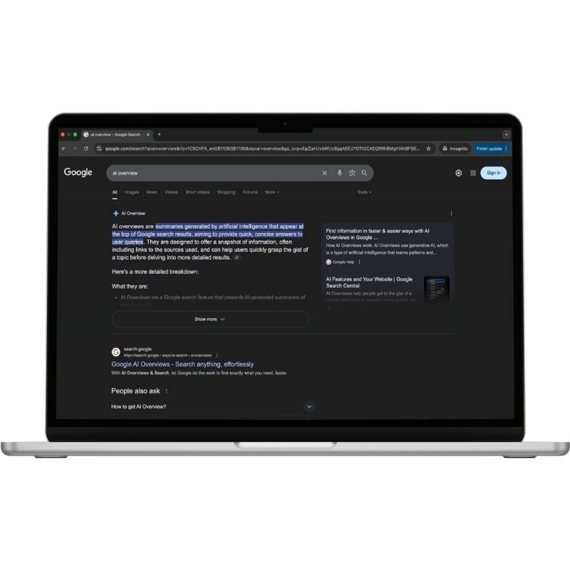 Ai Overview search results in google on a laptop